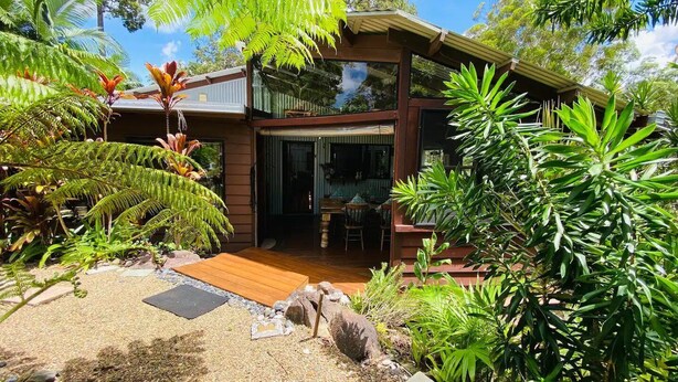 A modern house with a wooden deck, surrounded by lush greenery and tropical plants.