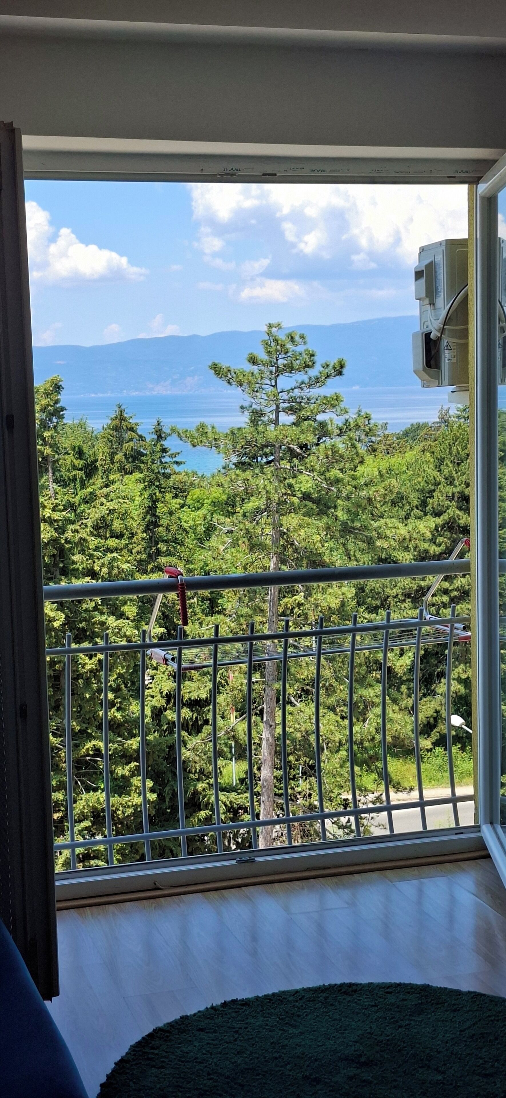 Un balcon donnant sur un paysage montagneux et un plan d’eau.