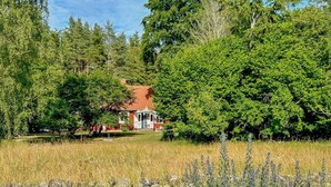 A rustic cabin with a red roof, surrounded by lush greenery and a field of tall grass.