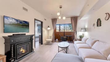 Tv, eldstad och en stereo