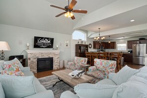 TV, fireplace, DVD player, video library