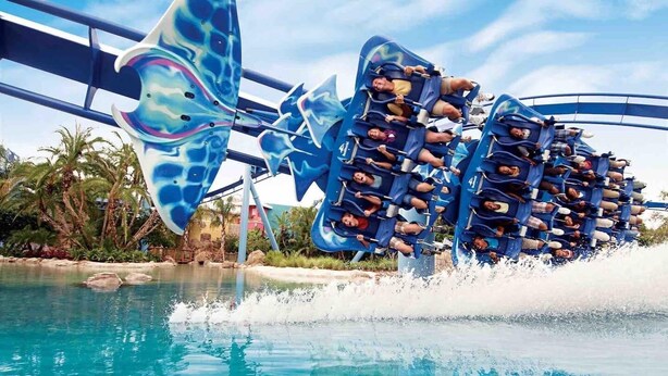 Une attraction aquatique avec plusieurs sièges fixés à une structure, entourée d’une piscine et de palmiers.