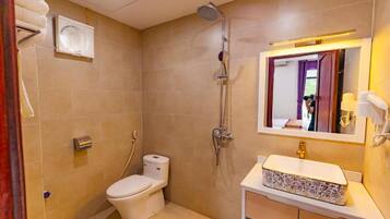 Un baño con inodoro, ducha, lavabo y espejo.