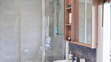 Combined shower/tub, hair dryer, towels