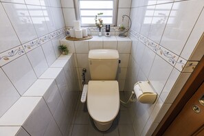 Separate bathtub and shower, hair dryer, bidet, towels