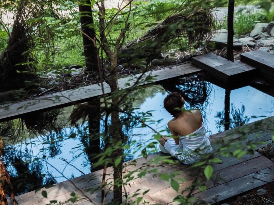 A wooden deck over a reflective water body, surrounded by dense greenery.