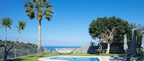 A heated pool, pool loungers
