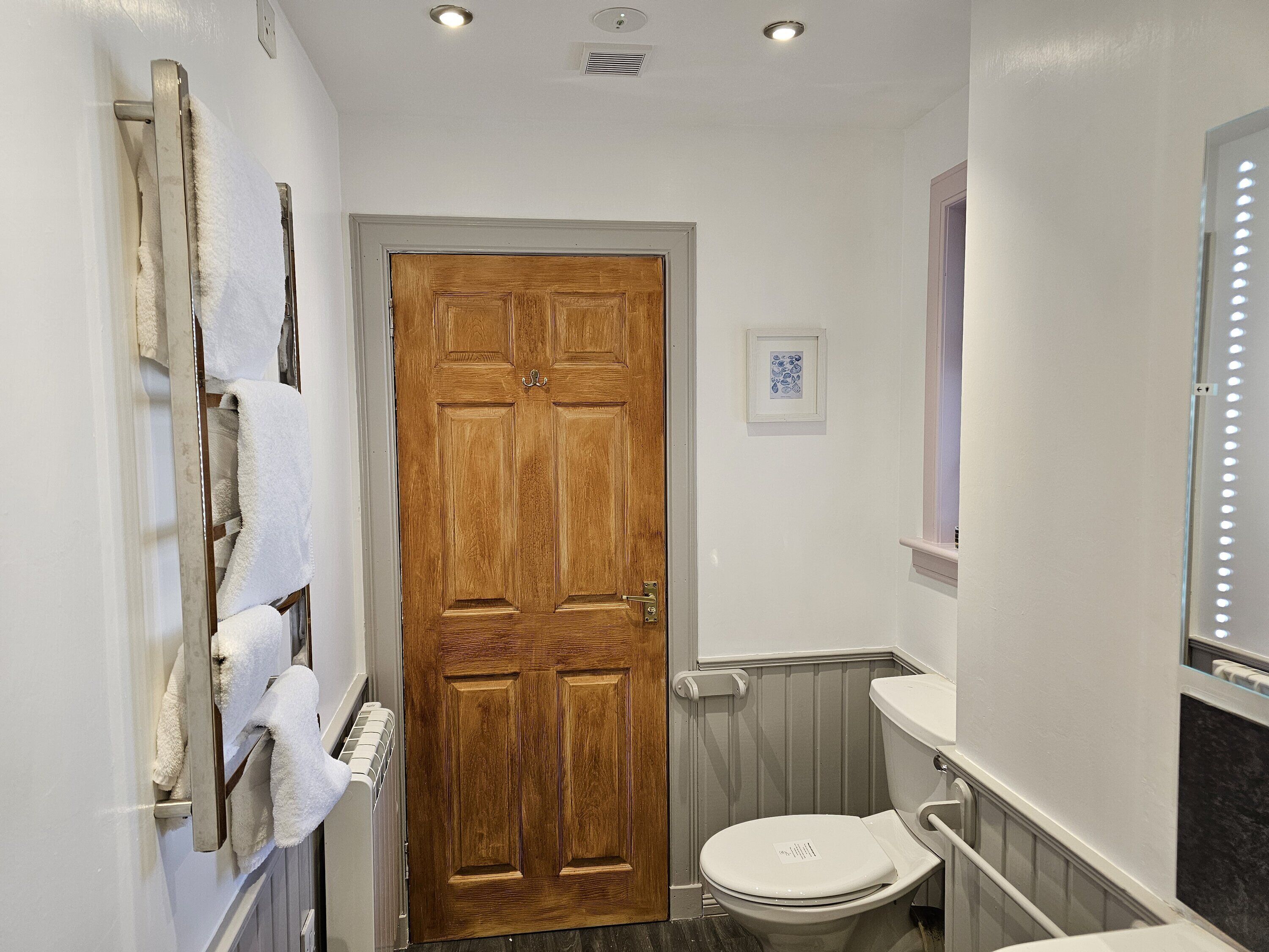 A bathroom with a wooden door, a toilet, a towel rack, and a framed picture on the wall.