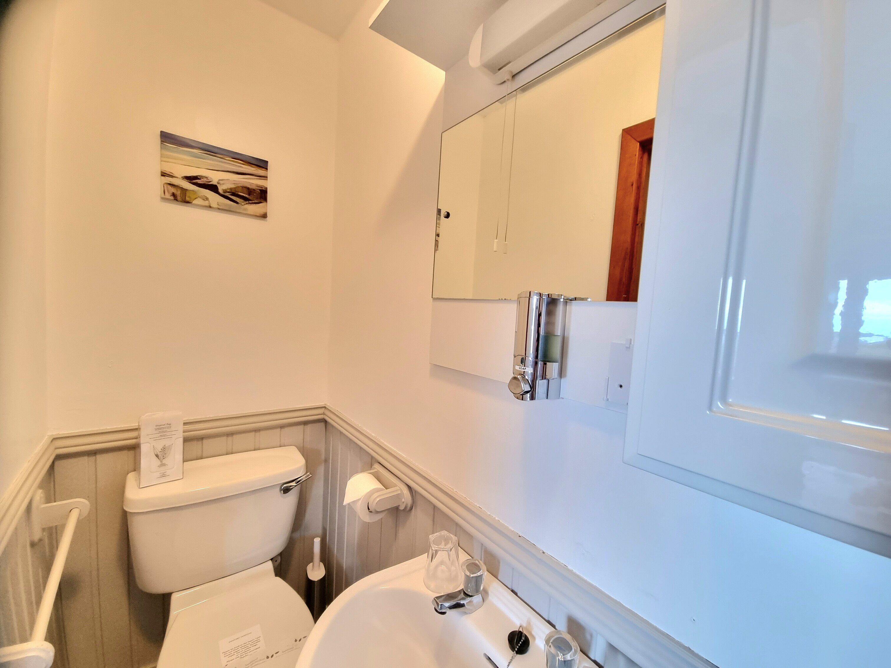 A bathroom with a toilet, sink, and mirror.