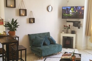 Televisie, een open haard, videospelletjes en een stereo