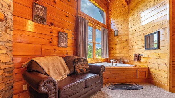 A cozy cabin interior with a leather sofa, a stone wall, a wooden cabin aesthetic, a window with curtains, and a sink.