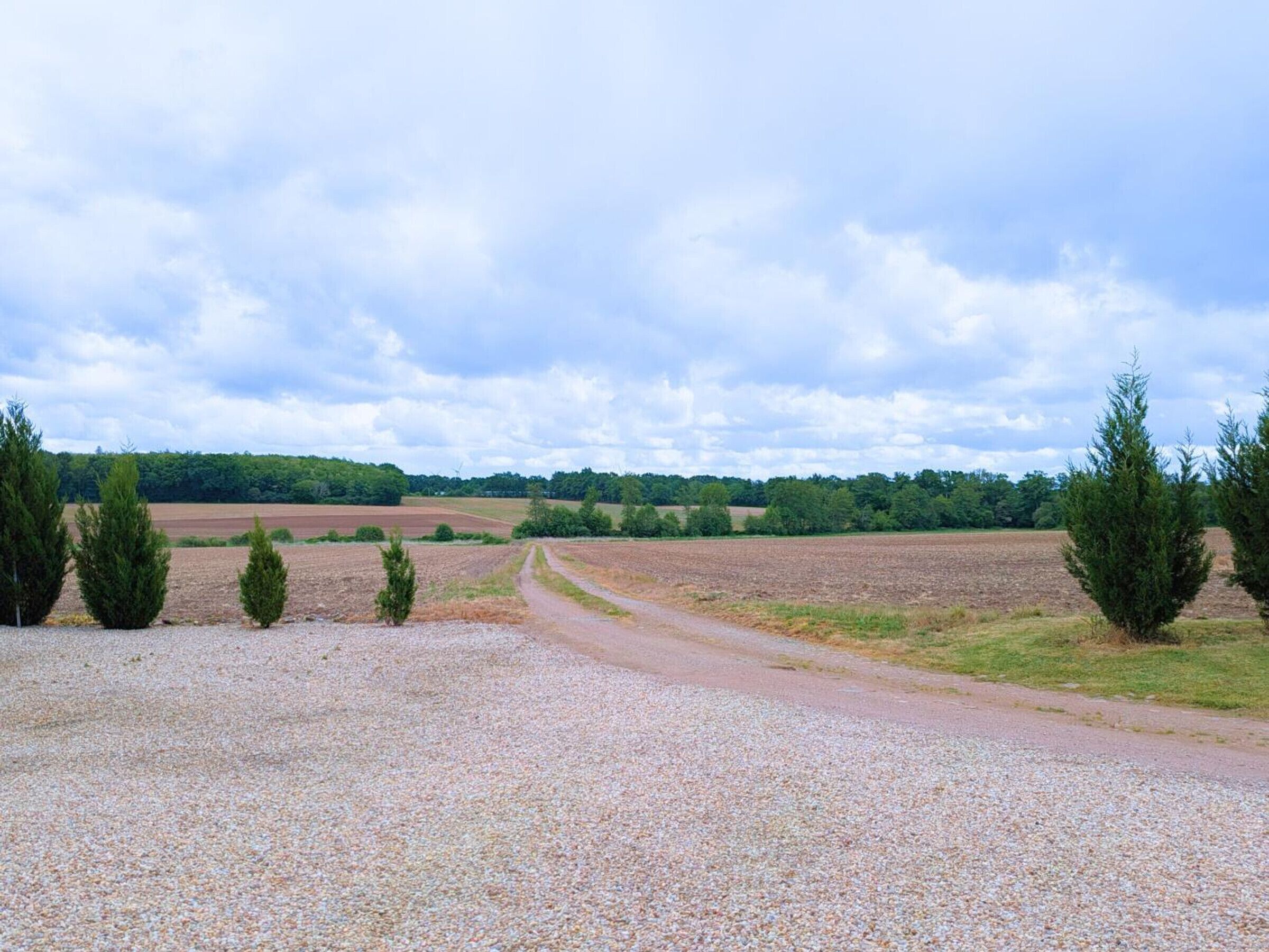 A gravel path leading through a rural landscape with fields and trees.