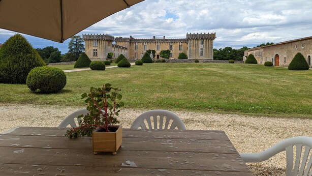 A courtyard with a table and chairs, a potted plant, and a large building in the background. - Charming Cottage with Historic Castle Views, 7 Hectares, Bikes, Near Cognac (Cherves-Richemont)