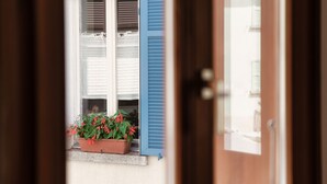 Une vue à travers la porte d’une pièce dotée d’une fenêtre, d’une plante en pot aux fleurs rouges et de volets bleus.