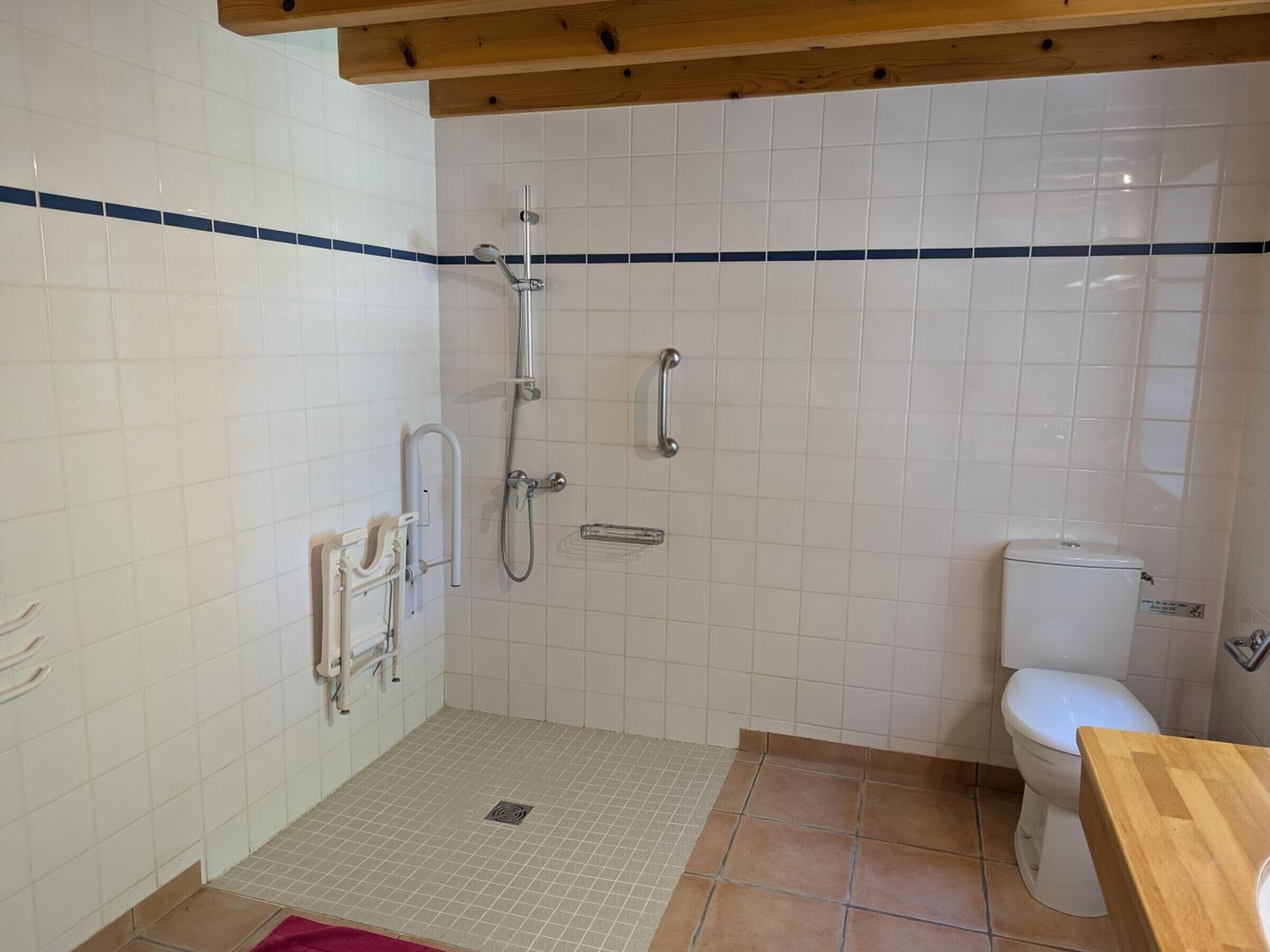 A bathroom with white tiled walls, a shower with a handheld showerhead, a toilet, and a wooden vanity.