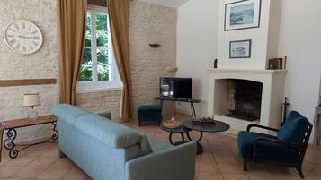 Televisie, een open haard en een tafeltennistafel