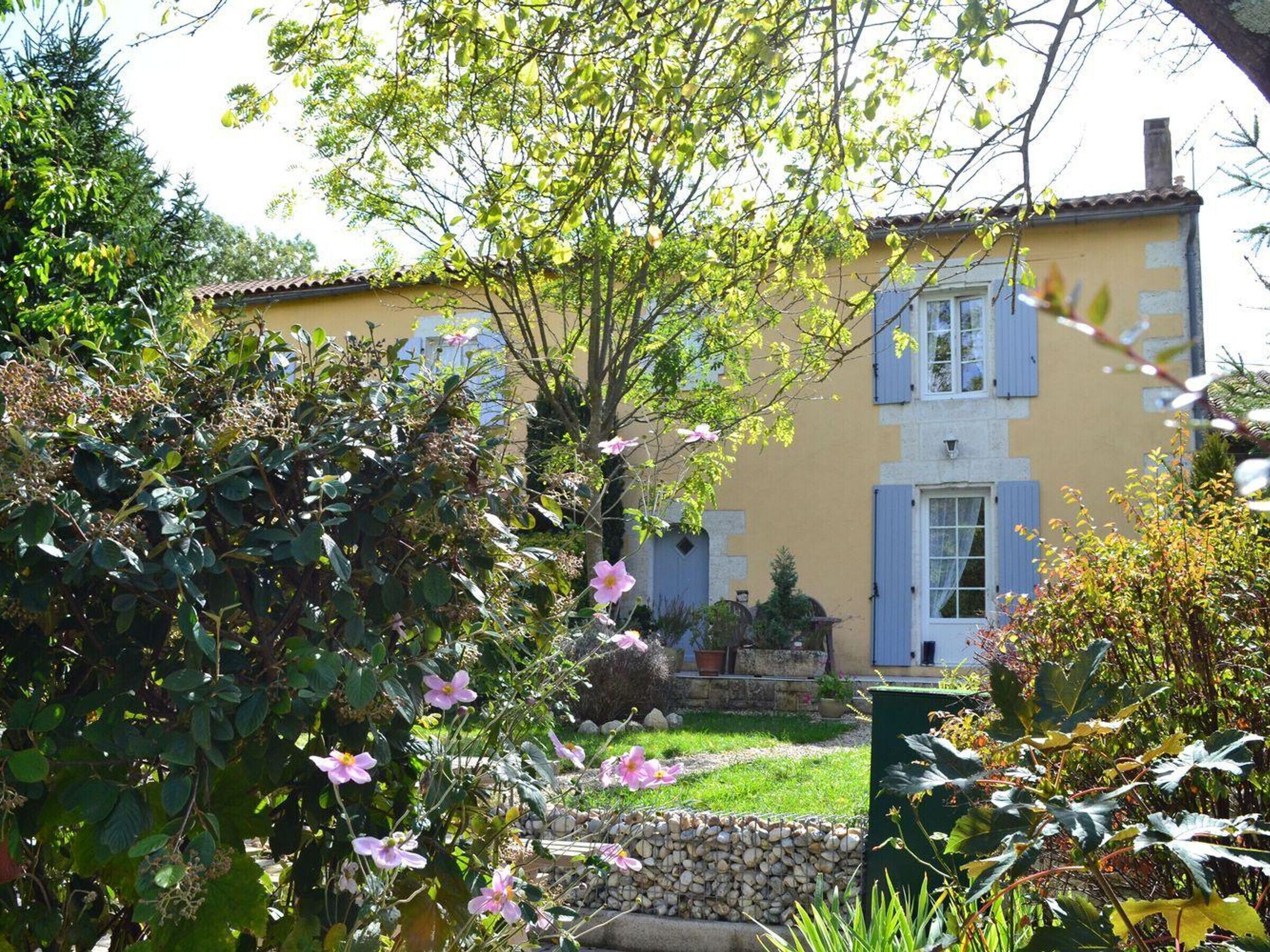Una casa amarilla con contraventanas azules, rodeada de un jardín con diversas plantas y flores.