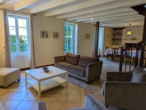 Télévision, cheminée, lecteur de DVD, table de tennis de table