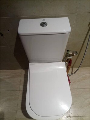 A white toilet with a tank and a bidet attachment.