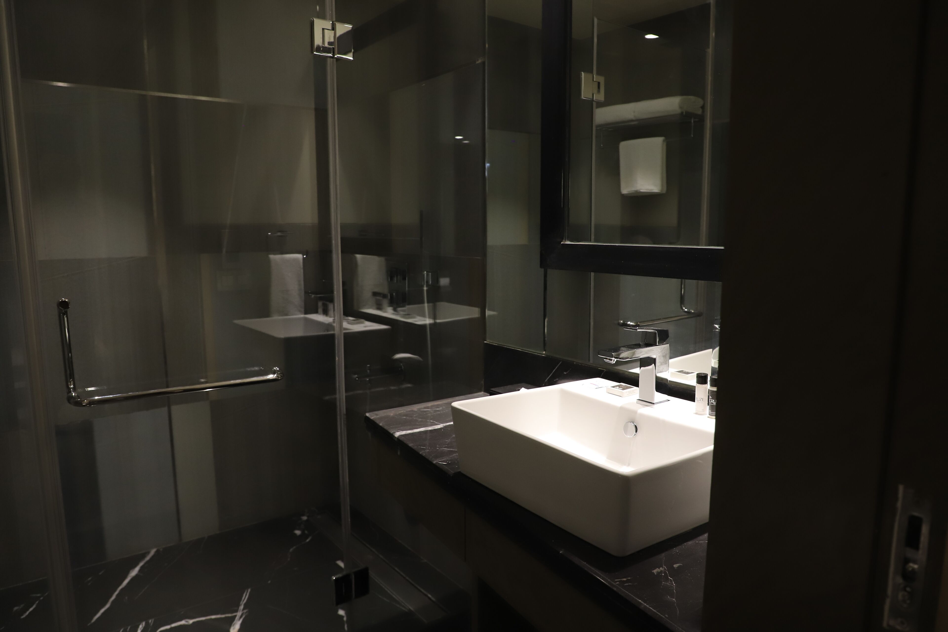 A modern bathroom with a glass shower enclosure, a white sink, and a large mirror.