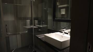 A modern bathroom with a glass shower enclosure, a white sink, and a large mirror.