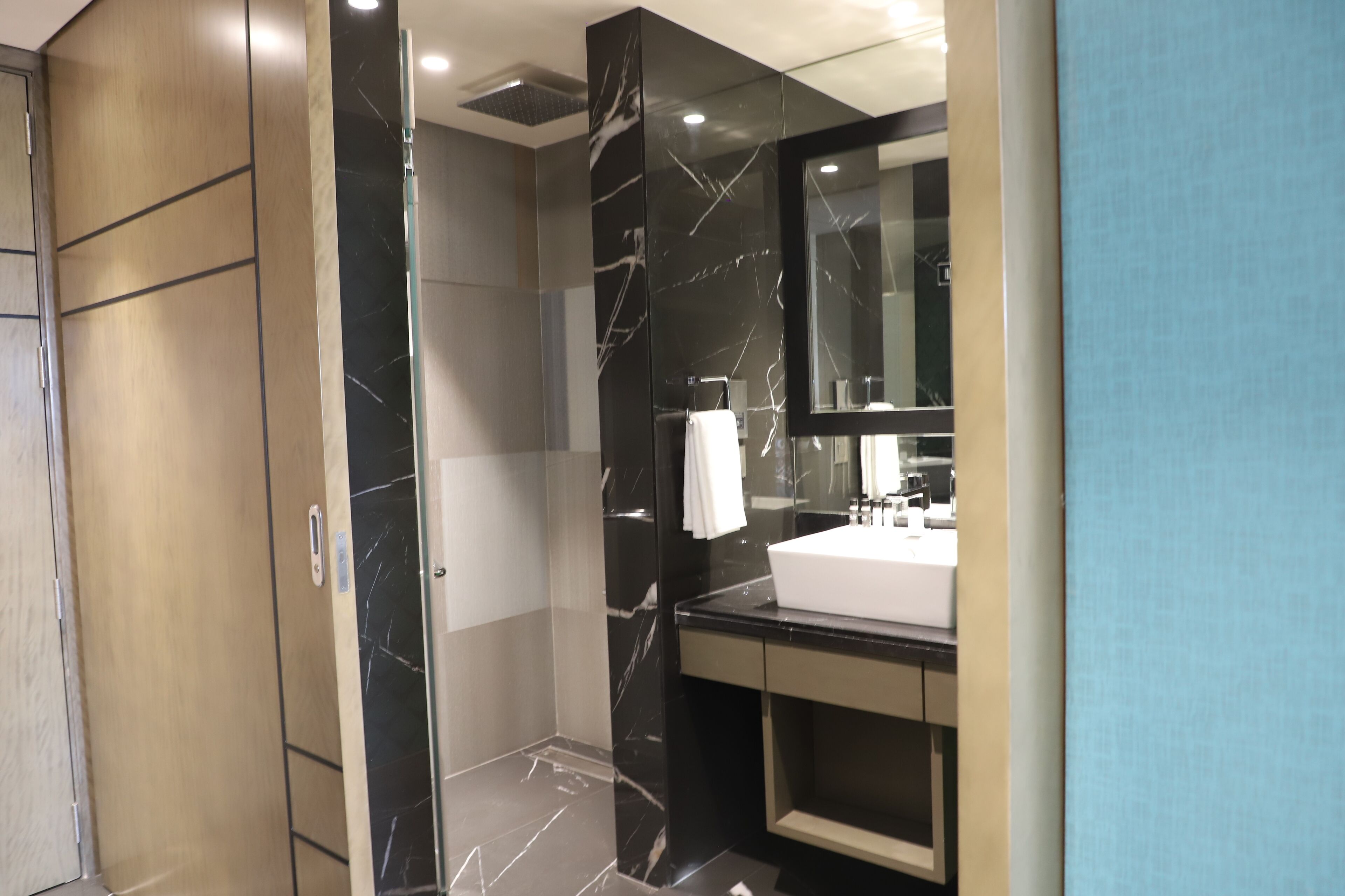 A modern bathroom with a glass-enclosed shower, a large mirror, and a white sink.