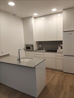 Gallery Apartment | Private kitchen | Full-size fridge, microwave, oven, stovetop