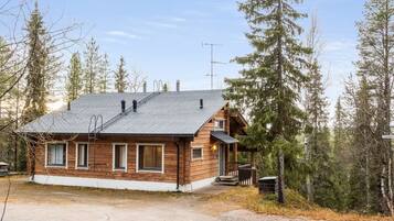 A wooden cabin with a sloped roof, a porch, and a chimney.