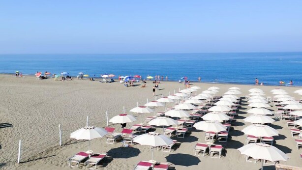 A beach with rows of white sunbeds and umbrellas, a clear sky, and the ocean in the background. - Bilo Standard by Interhome (Marina di Bibbona)