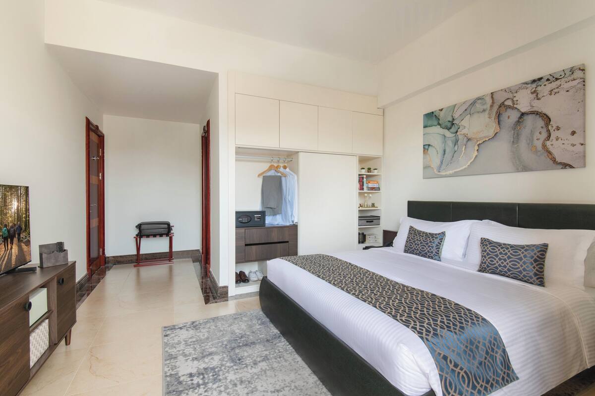 A modern bedroom with a large bed, a walk-in closet, and a painting on the wall.