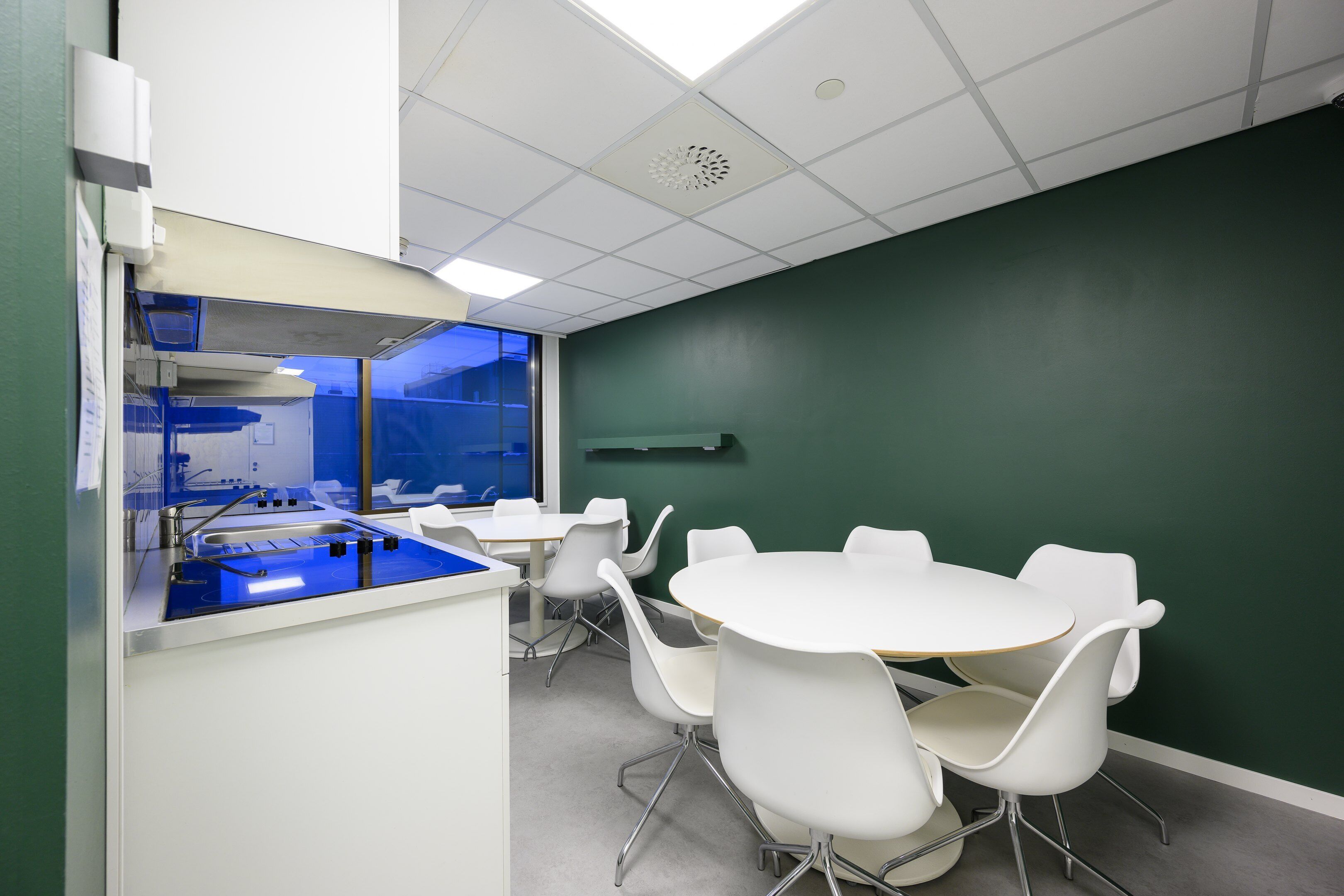 Un salón de conferencias con una mesa y sillas blancas, un área de hidratación azul y una pared verde.