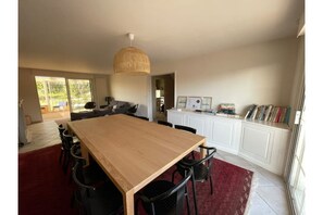 Un vaste espace dédié à la salle à manger, avec une table et des chaises en bois, un tapis rouge et un luminaire suspendu.