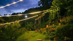 A rustic outdoor setting with a wooden swing set, string lights, and a grassy area with trees and plants. - Dolphin Nose Retreat (Kodaikanal)