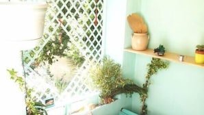 Un coin accueillant avec une table en bois, des coussins turquoise et des plantes en pot.