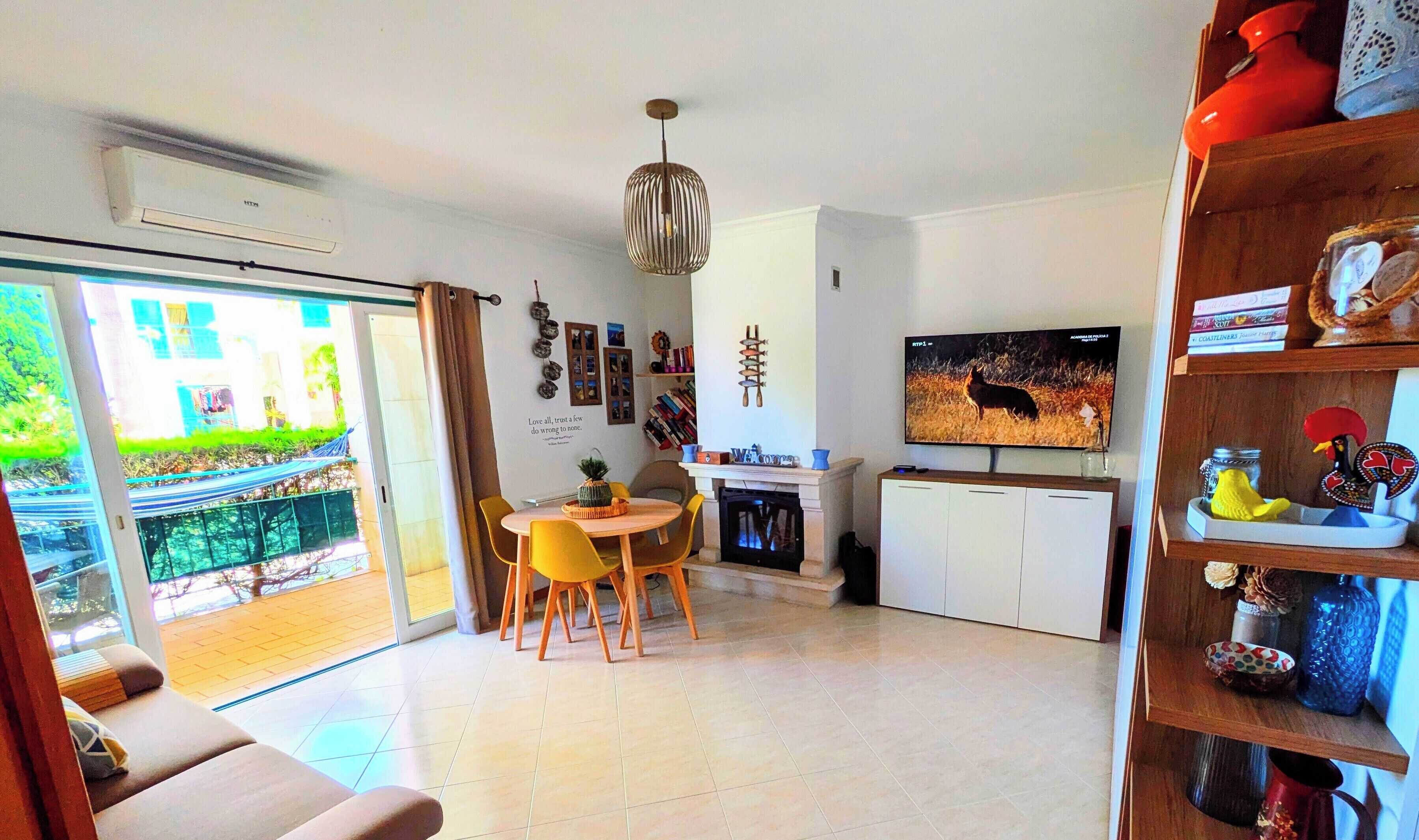 Smart TV, fireplace, books