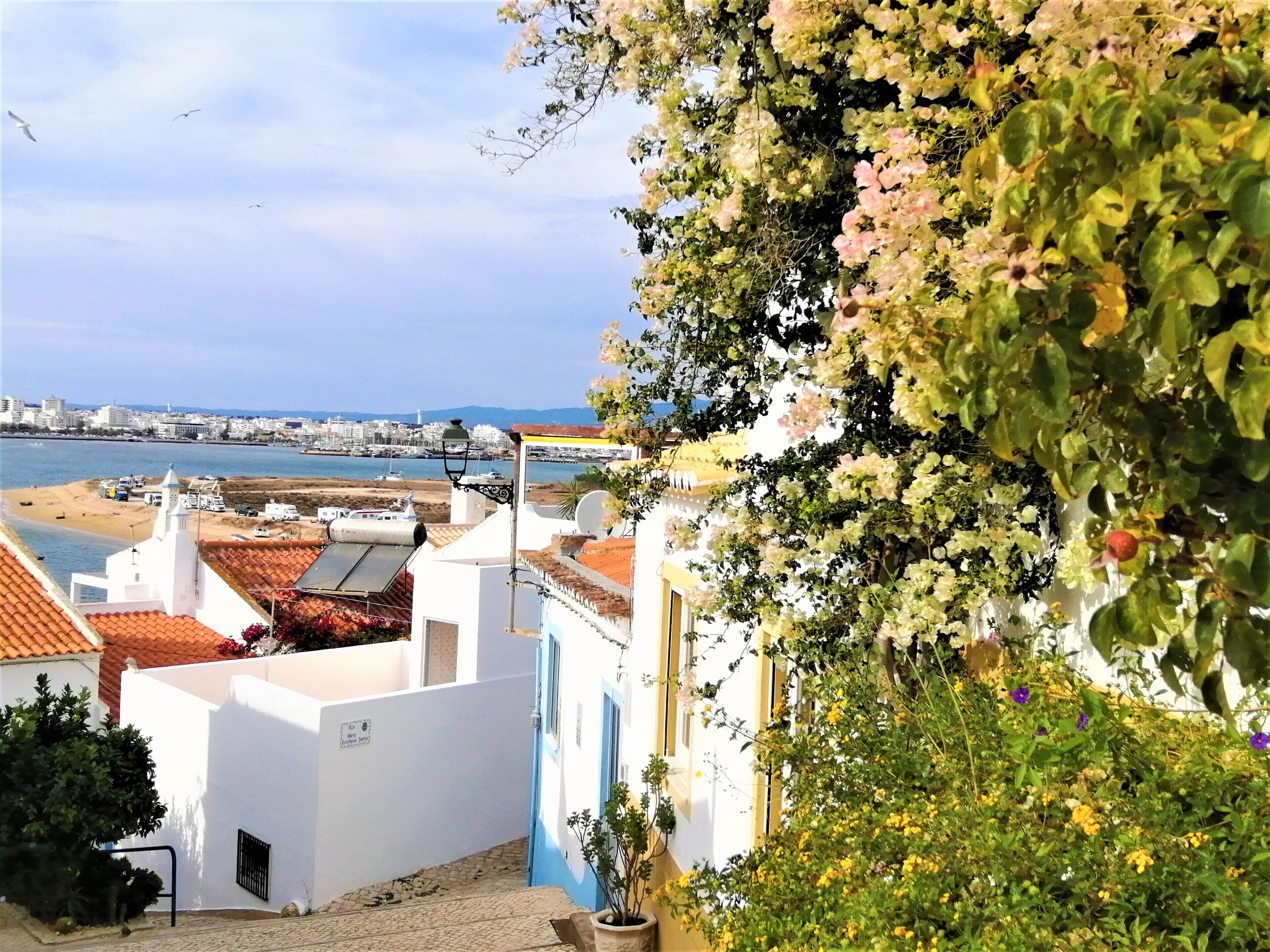 Une vue sur la côte, avec des bâtiments blancs, une plage et un ciel dégagé.