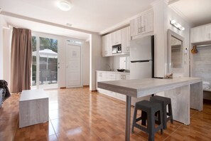 Fridge, microwave, stovetop, electric kettle