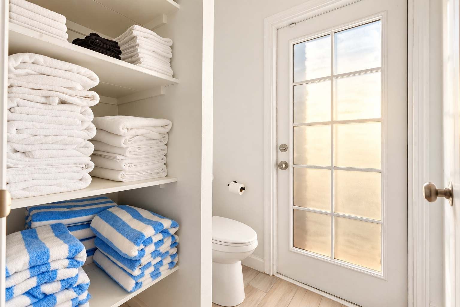 A linen closet holds stacks of fresh bath towels and blue striped pool towels. The toilet sits in its own corner next to a glass door.