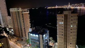 Vista notturna di una città con grattacieli, un fiume e una zona illuminata in lontananza.