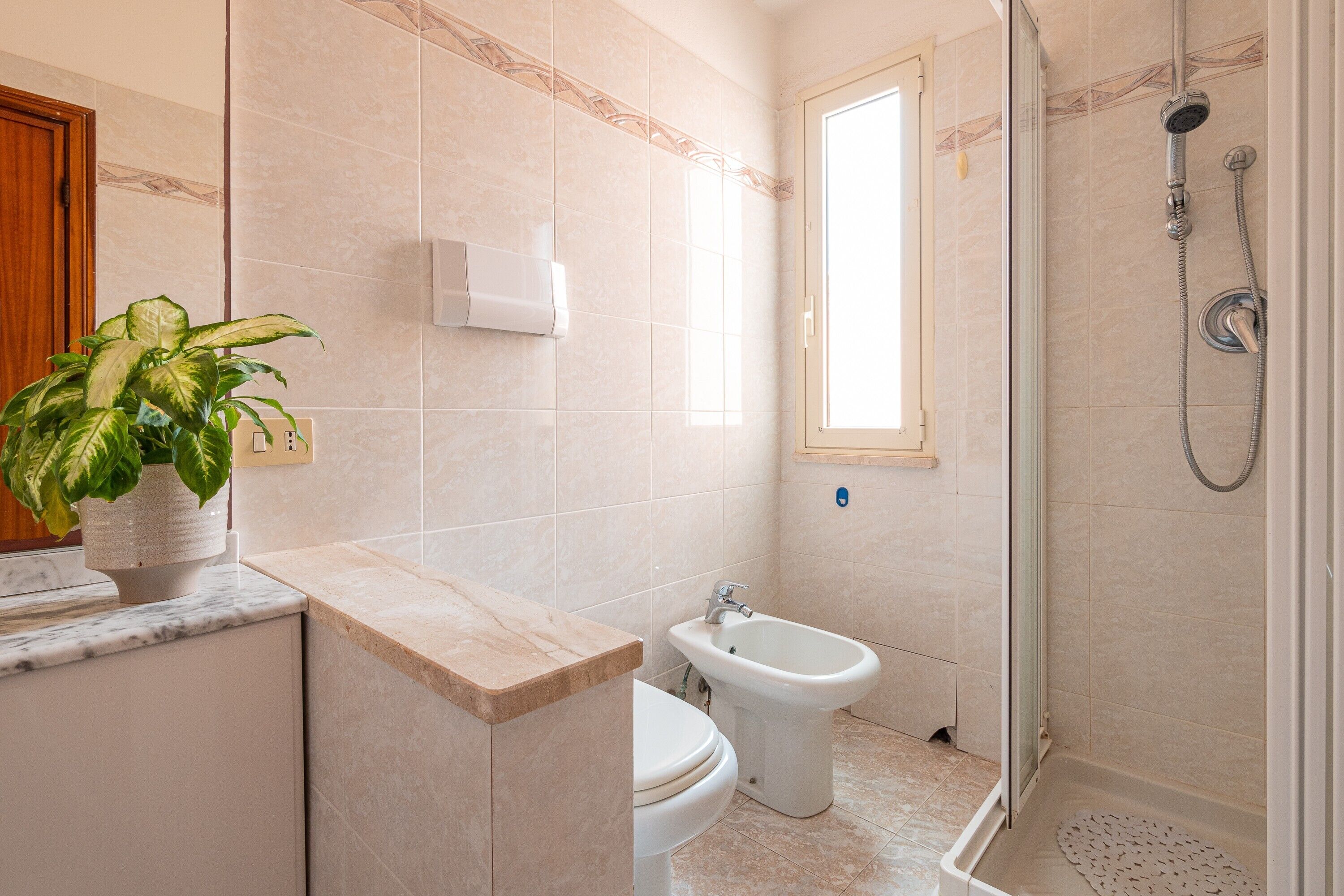 Een badkamer met een bidet, douche, toilet en een potplant.