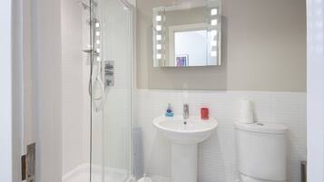 Combined shower/bathtub, hair dryer, towels