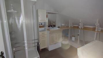 Shower, hair dryer, towels