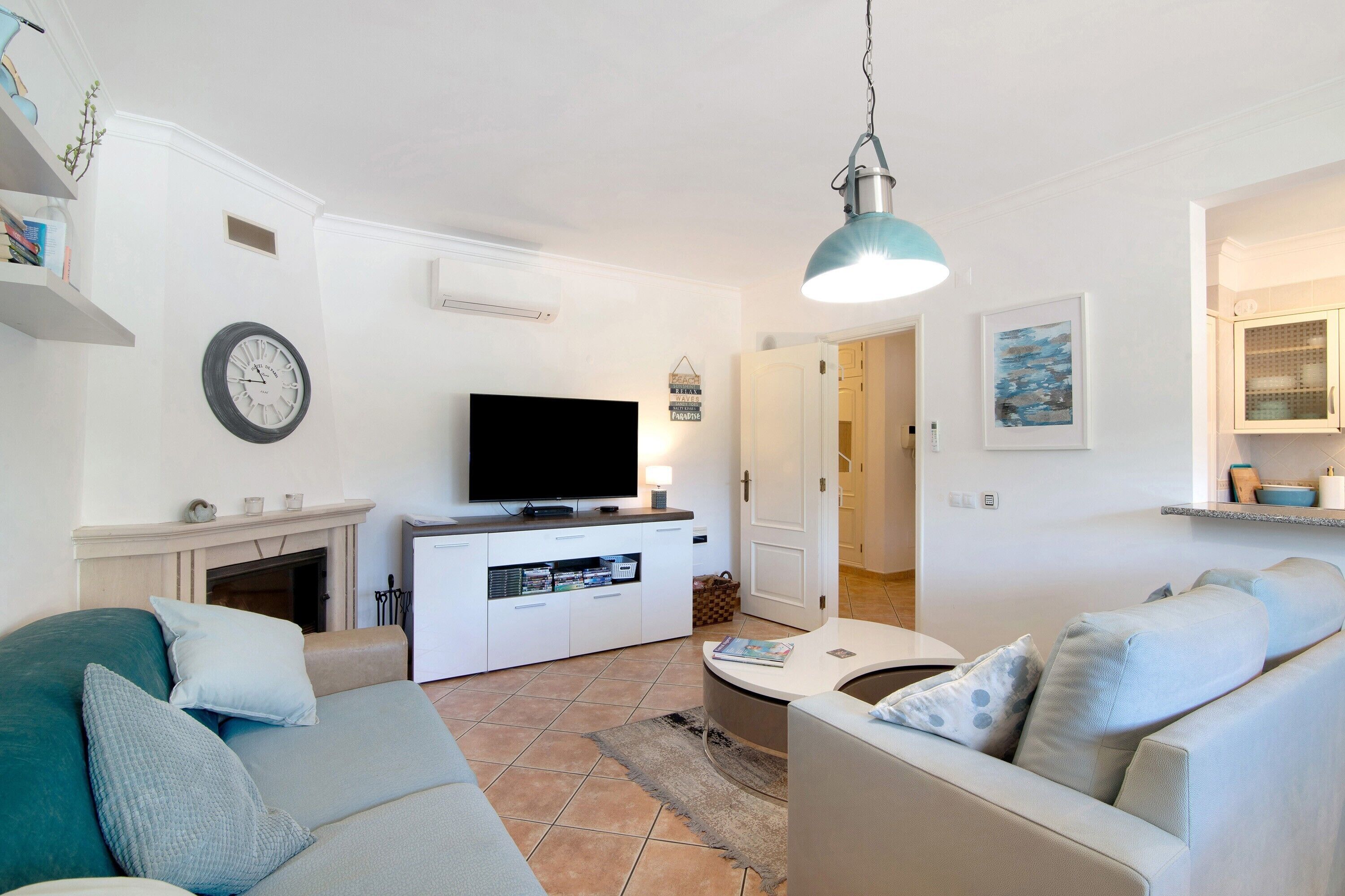 电视、壁炉、DVD 播放器