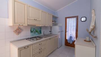 Kühlschrank, Mikrowelle, Herdplatte, Kochgeschirr/Geschirr/Besteck