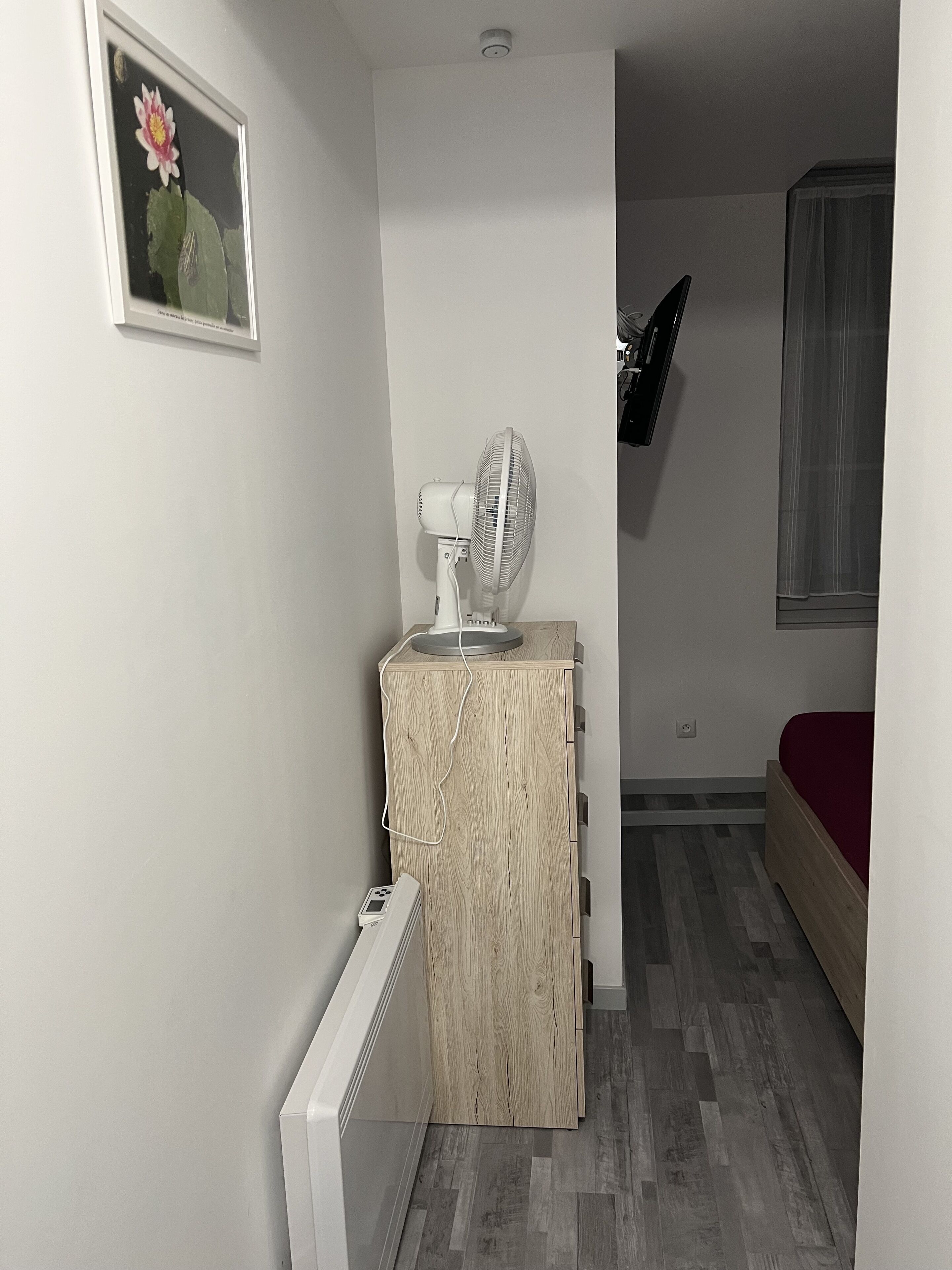 A small room with a wooden cabinet, a white radiator, a standing fan, a bed with a red mattress, and a framed picture on the wall.