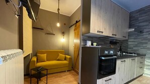 Un espace de vie compact comprenant un coin cuisine, un canapé et une table basse.