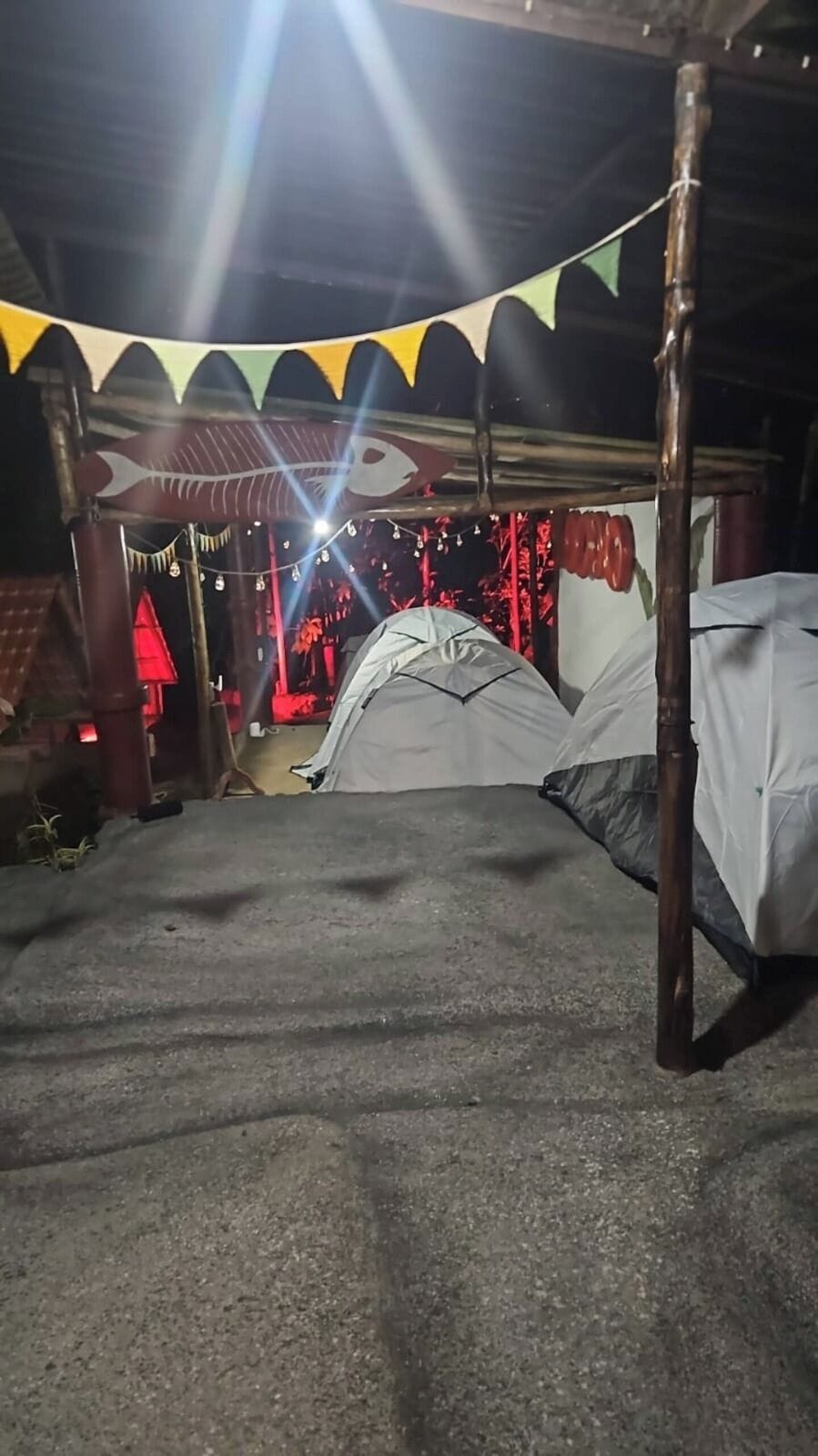Un área con toldos, suelo de concreto, rodeada de cañas de bambú y una guirnalda de luces.