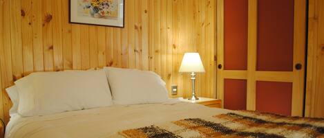 A wooden room with a bed, a nightstand, a lamp, and a door.