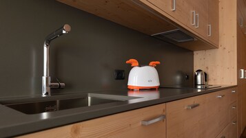 Apartamento (1 Bedroom) | Cocina básica privada | Frigorífico grande, microondas, hervidor eléctrico y tostadora