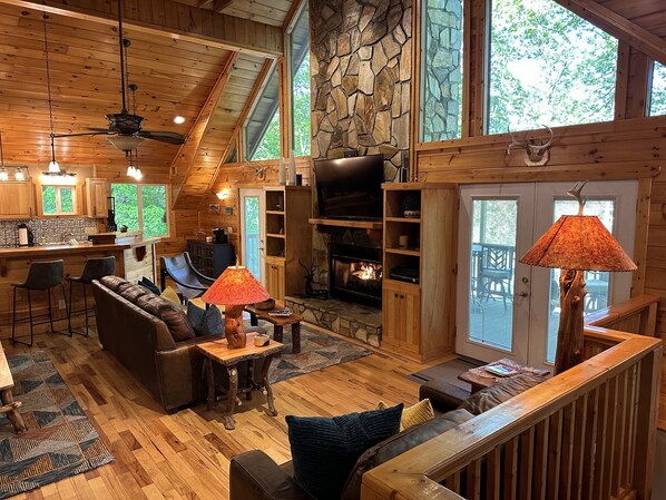 Smart TV, fireplace, books, stereo